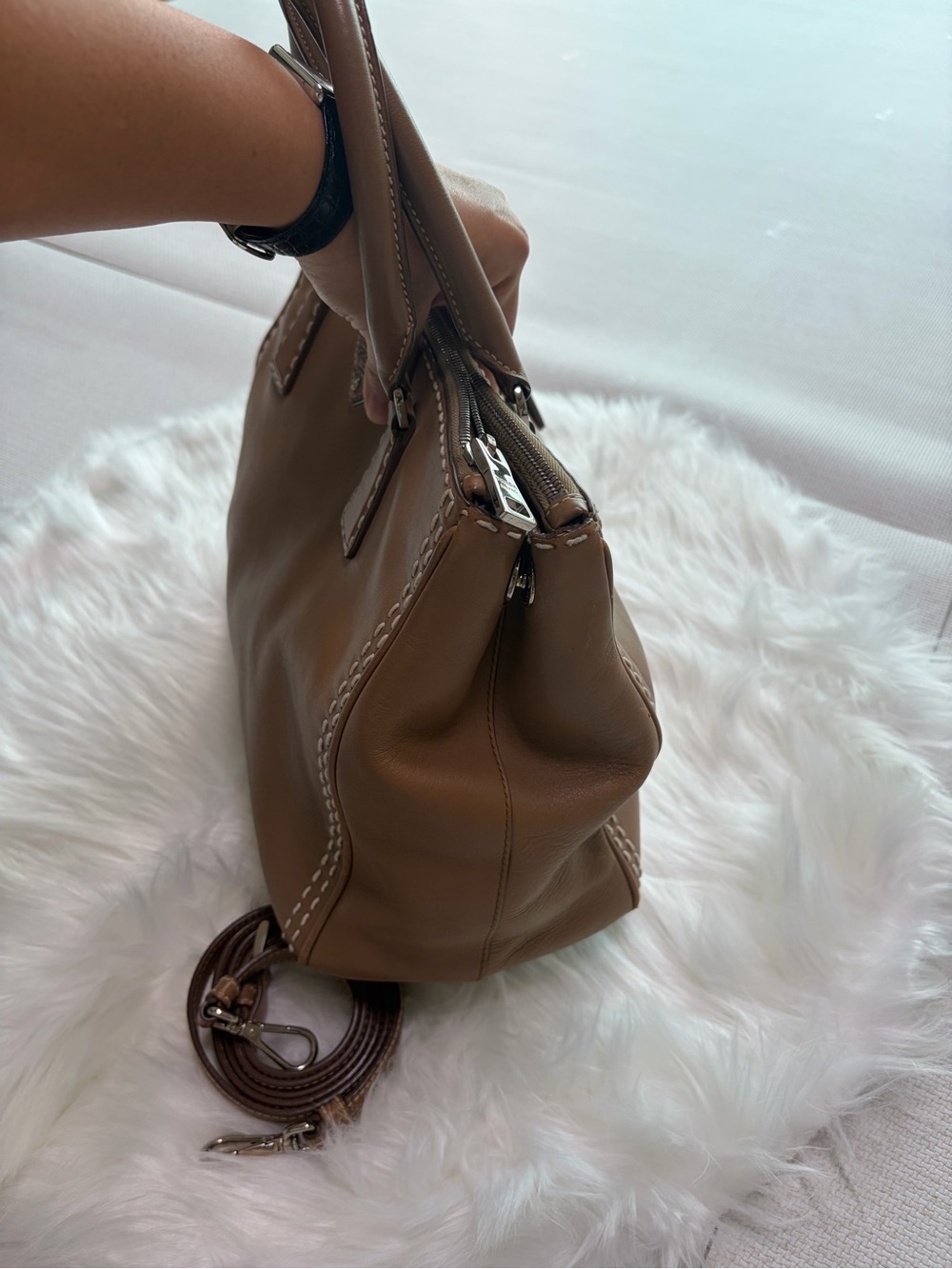 Prada Tan Leather Satchel with Stitch Detailing - Picture 4 of 16